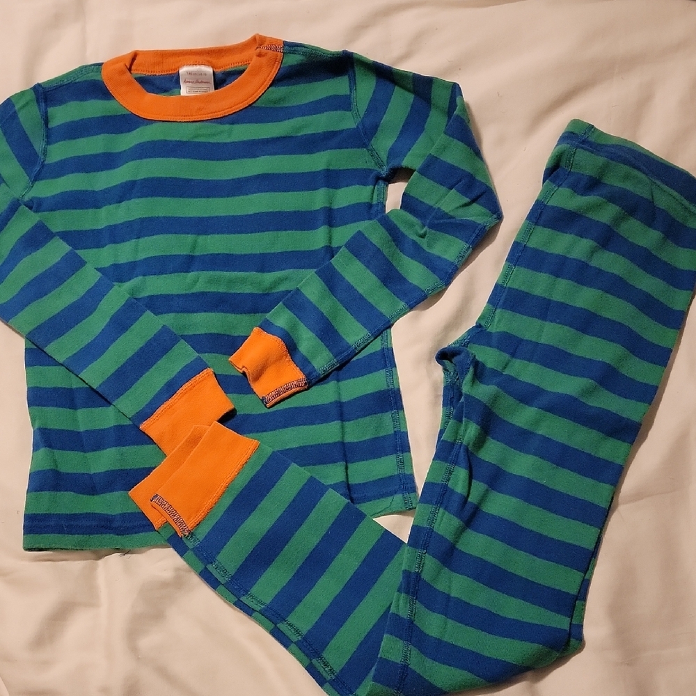 Hanna Andersson Blue and Green Striped Pajama Set with Orange Trim